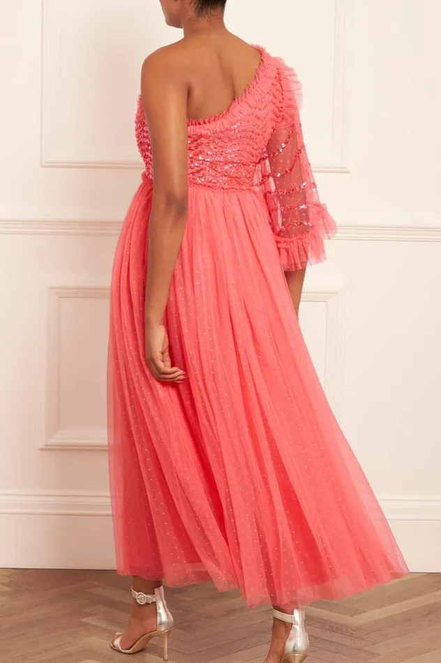 Shimmer Wave Bodice OneShoulder Ankle Gown Pink Women Needle and Thread Dresses