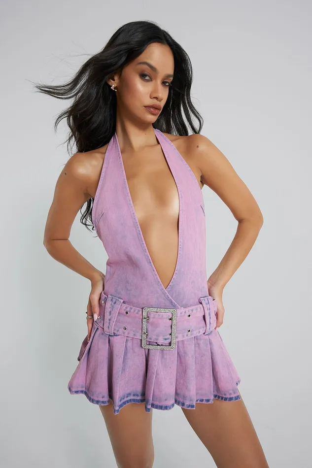 Shop Malibu Plunge Denim Mini Dress Dresses Jaded London Women