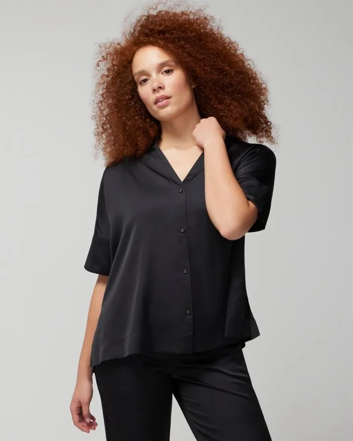 Soma Satin Drop Shoulder ButtonUp Top Hi Fi Flora M Champagne Women Pajama Tops