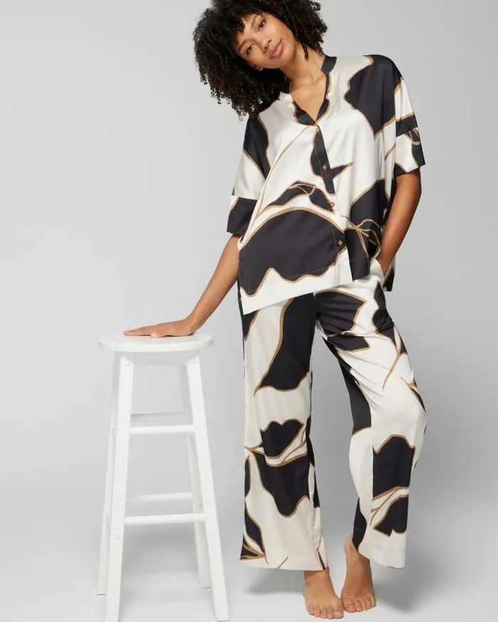 Soma Satin Drop Shoulder ButtonUp Top Hi Fi Flora M Champagne Women Pajama Tops