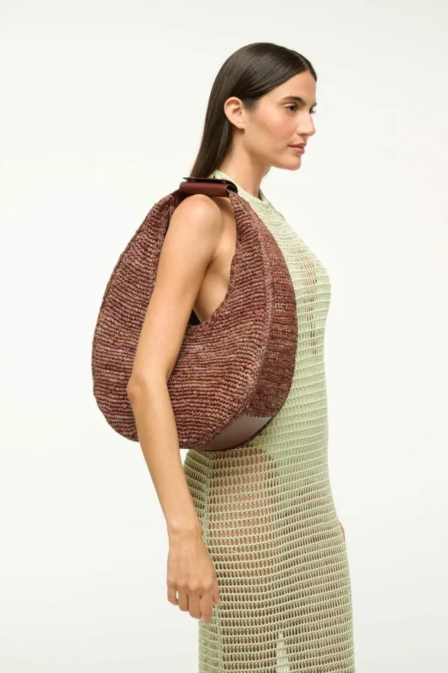 STAUD Swim LARGE RAFFIA MOON TOTE BAG Mahogany 8211 Women