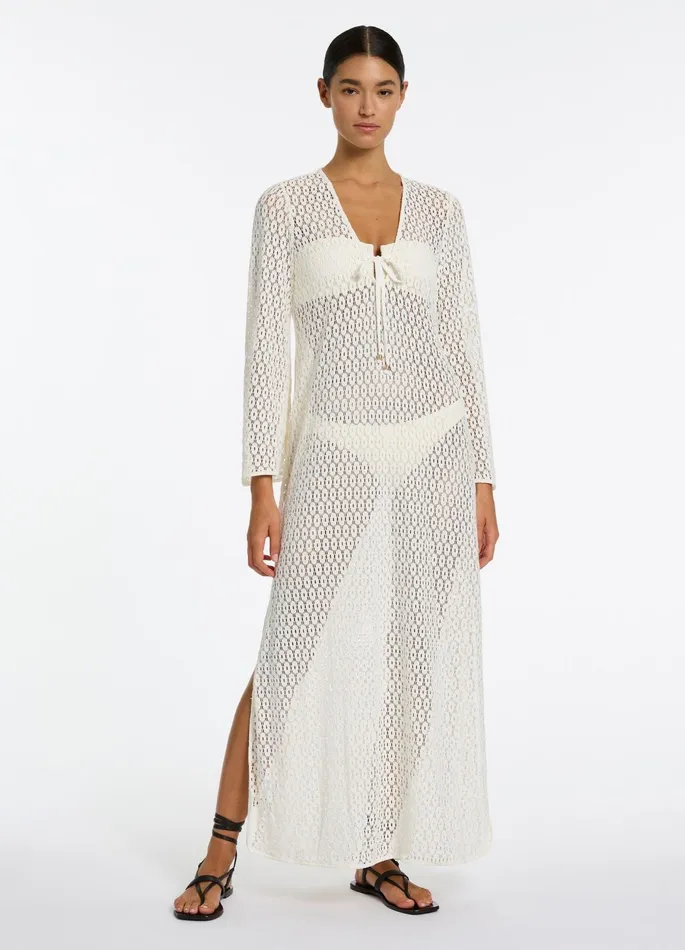 Stretch Lace Maxi Kaftan Cream Women JETS Australia Dresses and Kaftans