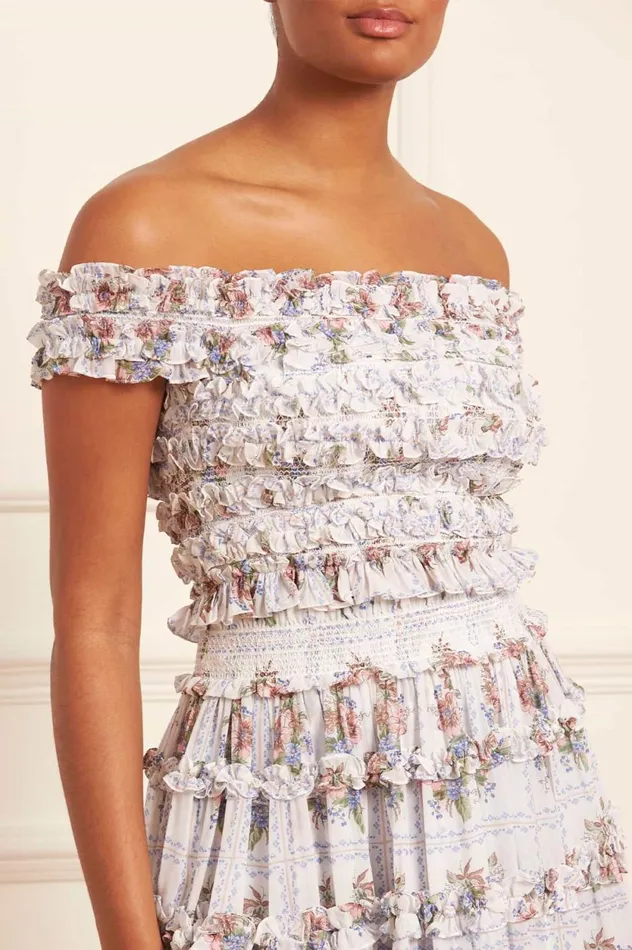 Tiled Blooms Chiffon Smocked OffShoulder Top Multi Women Needle and Thread Tops
