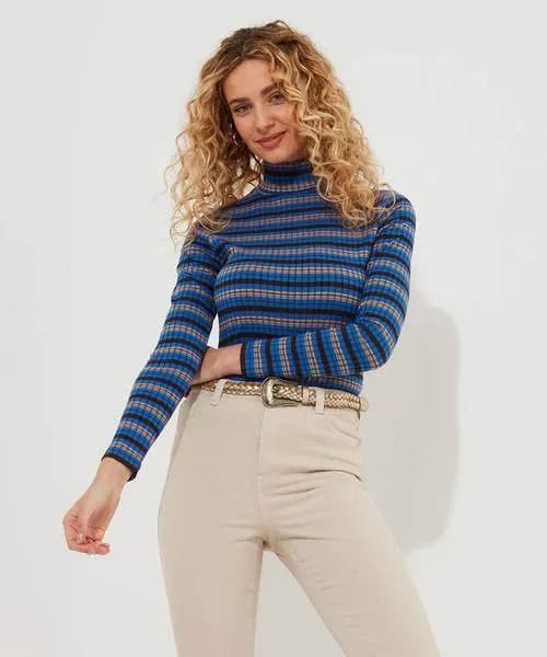 Tops Tunics and Blouses Apparel Darcie Striped Roll Neck Top Blue Joebrowns