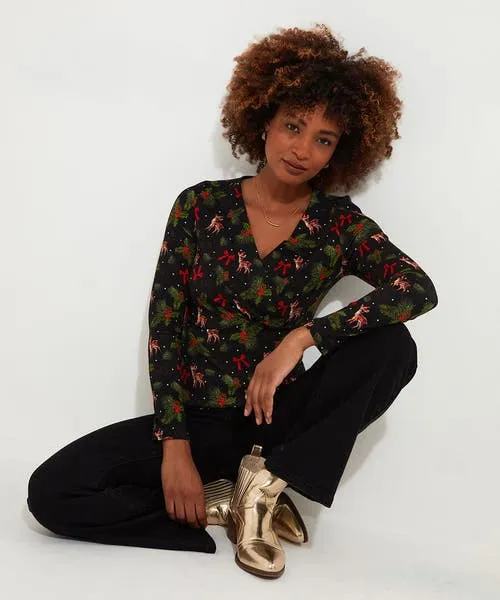 Tops Tunics and Blouses Apparel Feeling Festive Jersey Wrap Top Black Joebrowns
