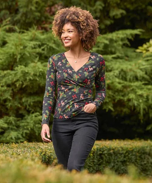 Tops Tunics and Blouses Apparel Feeling Festive Jersey Wrap Top Black Joebrowns