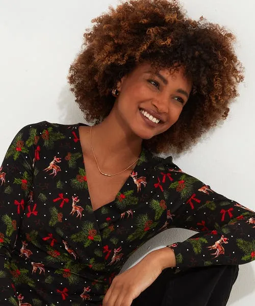 Tops Tunics and Blouses Apparel Feeling Festive Jersey Wrap Top Black Joebrowns