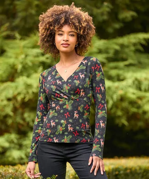 Tops Tunics and Blouses Apparel Feeling Festive Jersey Wrap Top Black Joebrowns