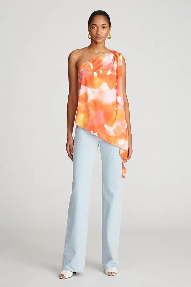 Tops Women Halston Steffi Top In Crepe De Chine Sunset Watercolor Print
