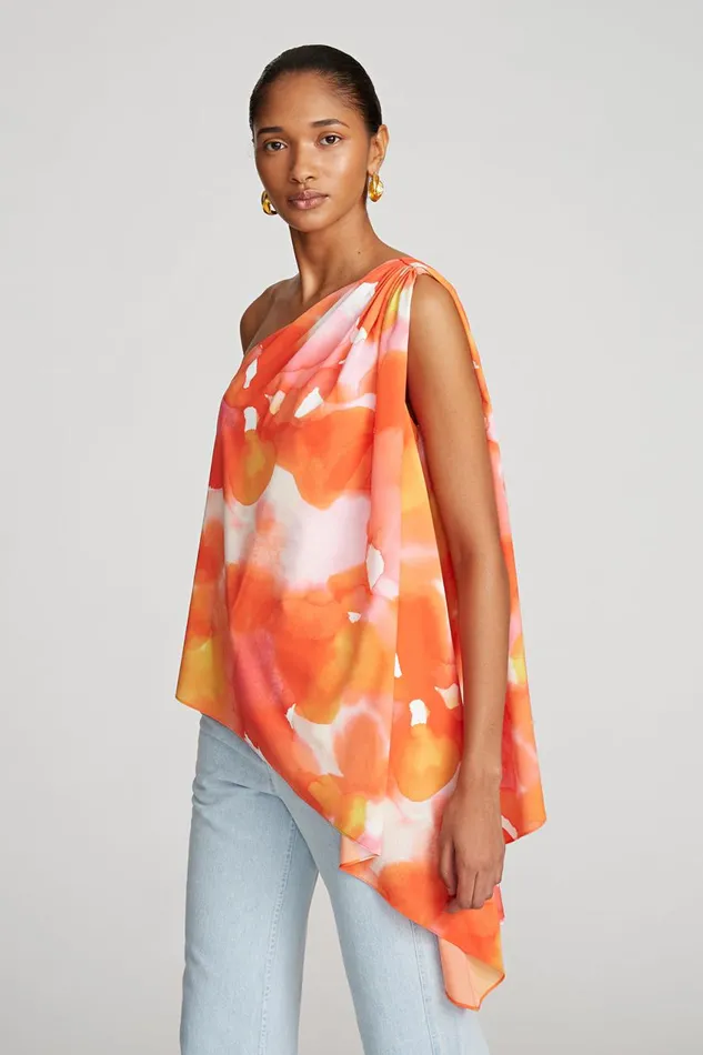 Tops Women Halston Steffi Top In Crepe De Chine Sunset Watercolor Print