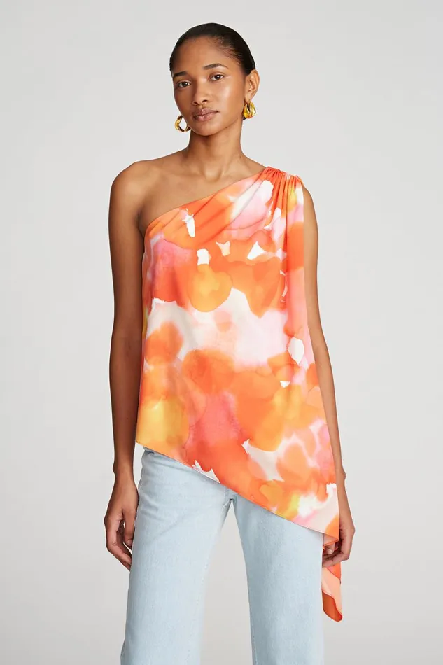Tops Women Halston Steffi Top In Crepe De Chine Sunset Watercolor Print