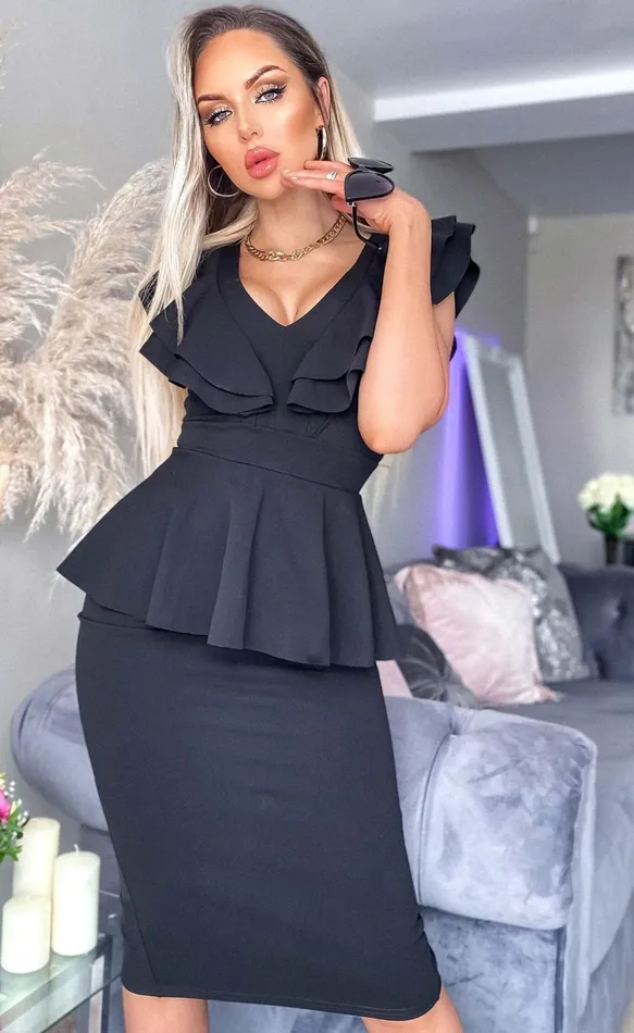 Veronika Black Peplum Frill Bodycon Dress Women Missfiga Midi Dresses