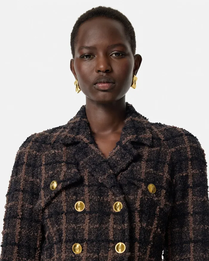 Versace Blazer and Jackets Women Boucl Tweed Fitted Raglan Blazer Brown