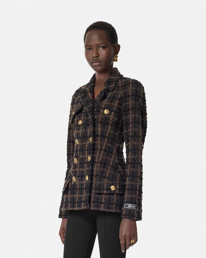 Versace Blazer and Jackets Women Boucl Tweed Fitted Raglan Blazer Brown