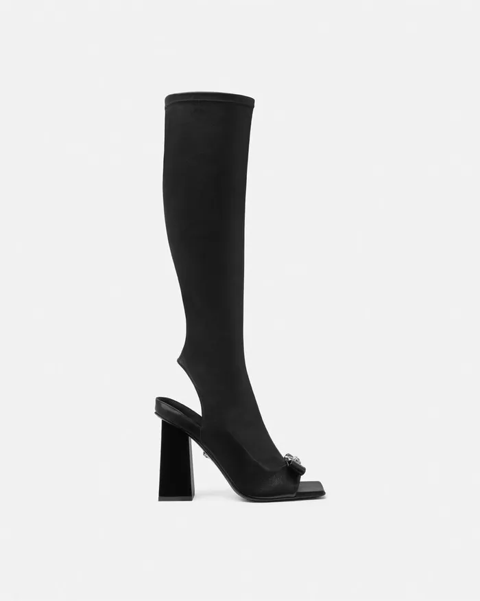 Versace Boots Women Gianni Ribbon Open KneeHigh Boots 105 Mm Blacksilver