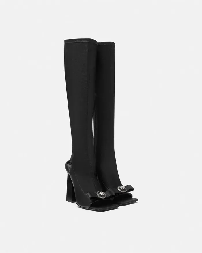 Versace Boots Women Gianni Ribbon Open KneeHigh Boots 105 Mm Blacksilver