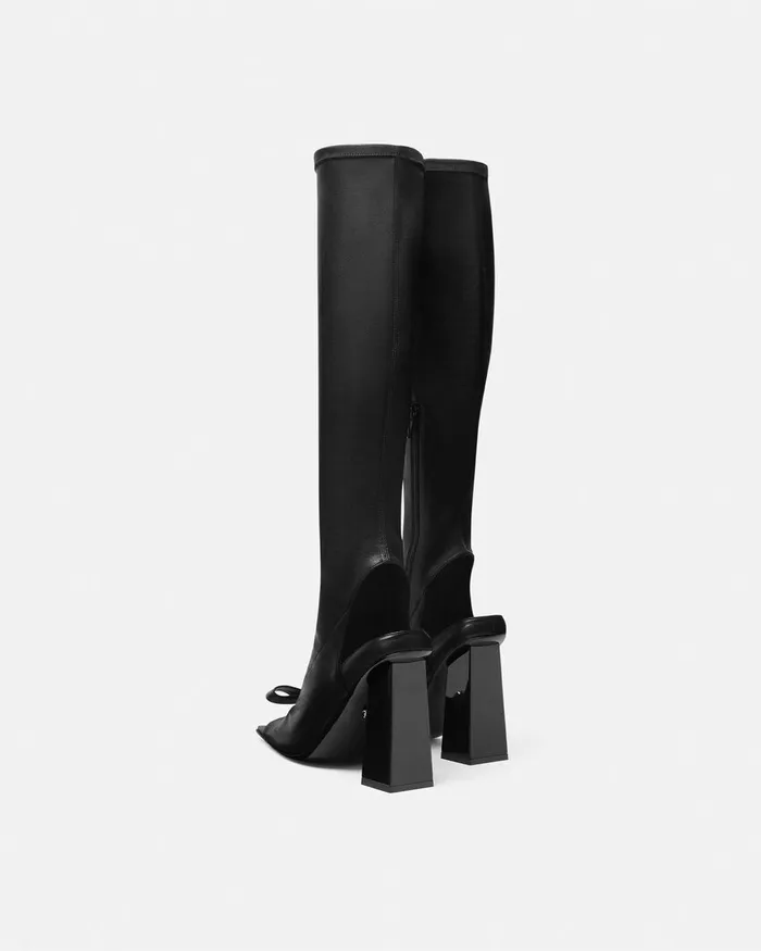 Versace Boots Women Gianni Ribbon Open KneeHigh Boots 105 Mm Blacksilver