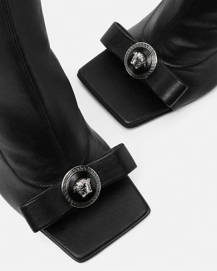 Versace Boots Women Gianni Ribbon Open KneeHigh Boots 105 Mm Blacksilver