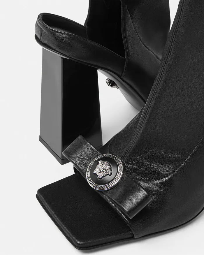 Versace Boots Women Gianni Ribbon Open KneeHigh Boots 105 Mm Blacksilver