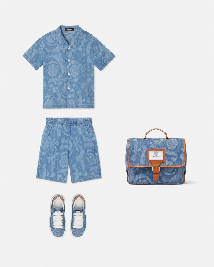 Versace Denim Kids Barocco Chambray Shorts Light Blue