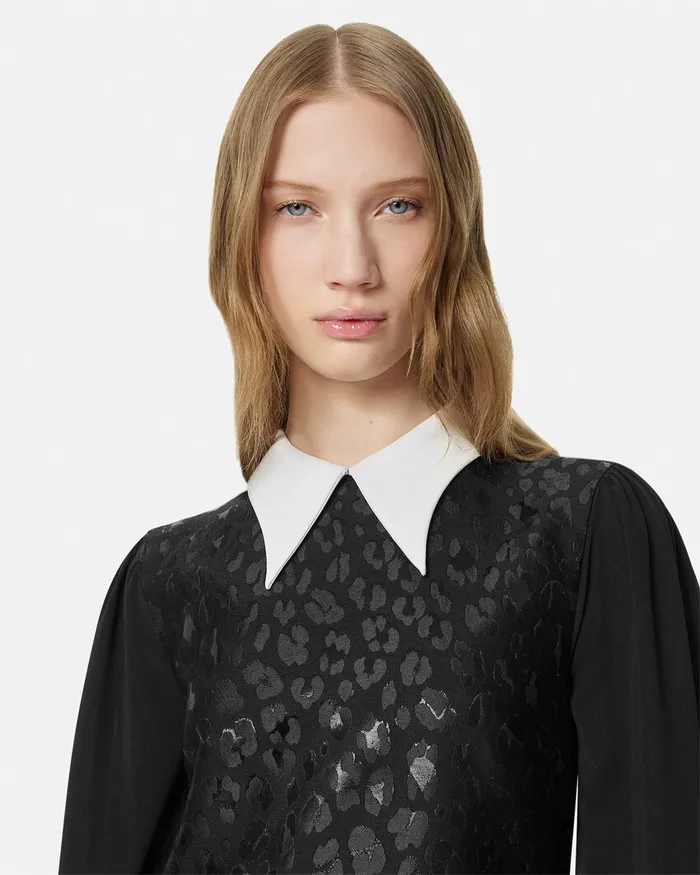 Versace Dresses Women Leopard ContrastCollar ALine Dress Black
