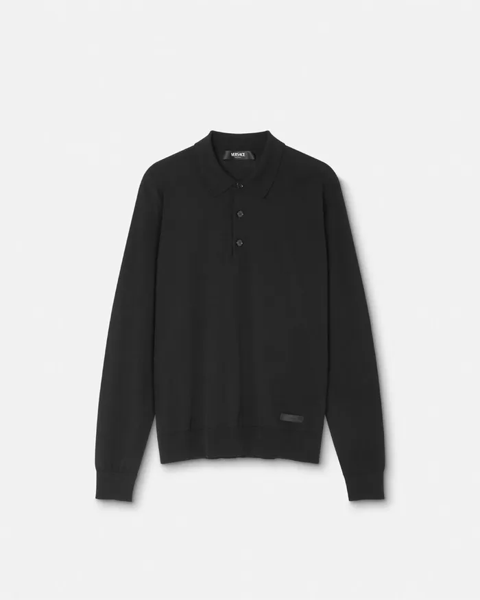 Versace Knitwear Men SilkBlend LongSleeved Polo Shirt Black