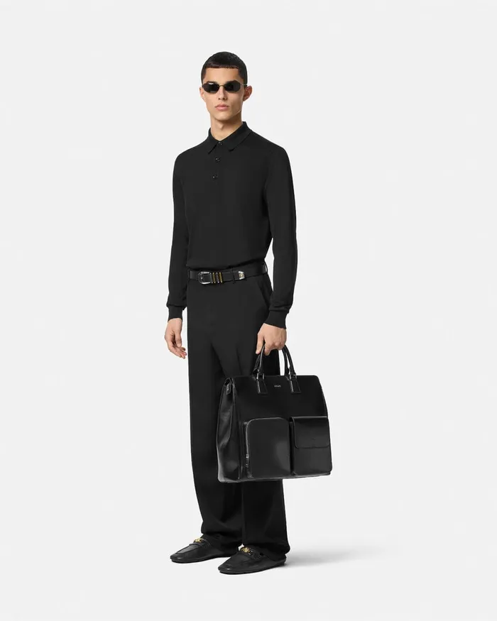 Versace Knitwear Men SilkBlend LongSleeved Polo Shirt Black