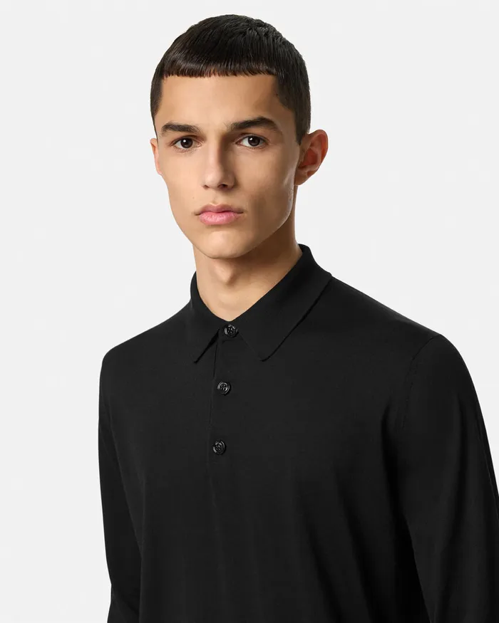 Versace Knitwear Men SilkBlend LongSleeved Polo Shirt Black