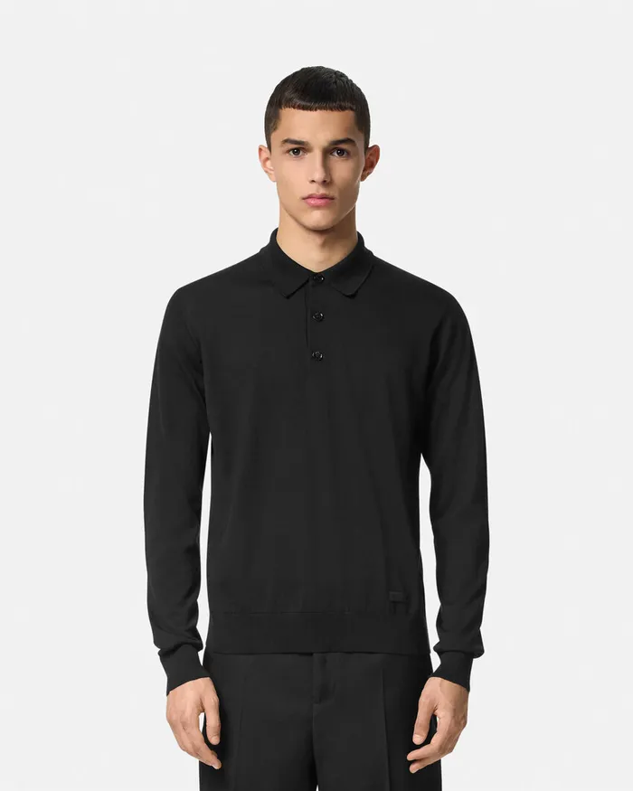 Versace Knitwear Men SilkBlend LongSleeved Polo Shirt Black