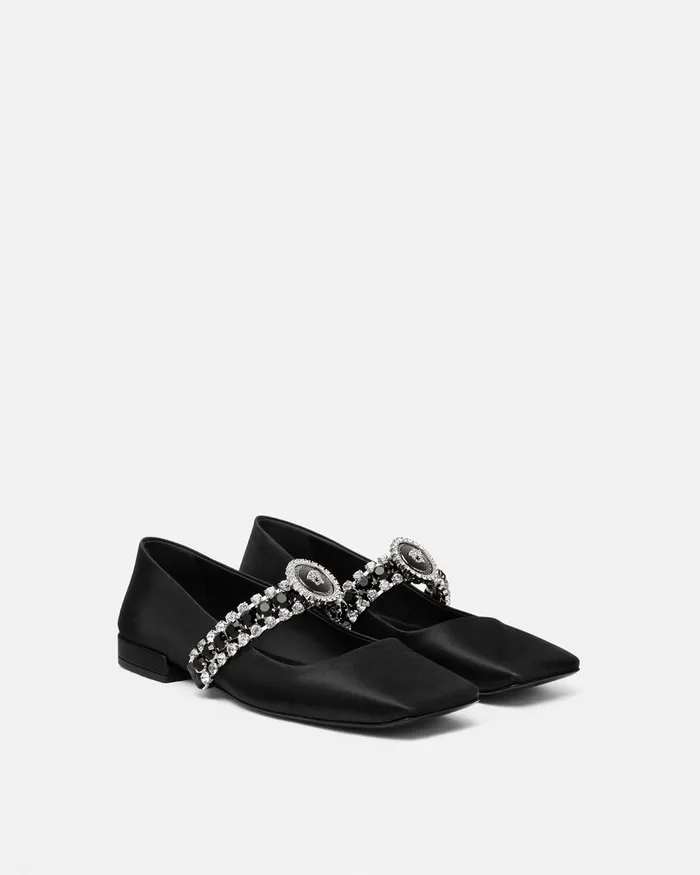 Versace Loafers and Flats Women Crystal Gianni Ribbon Ballerinas Blacksilver