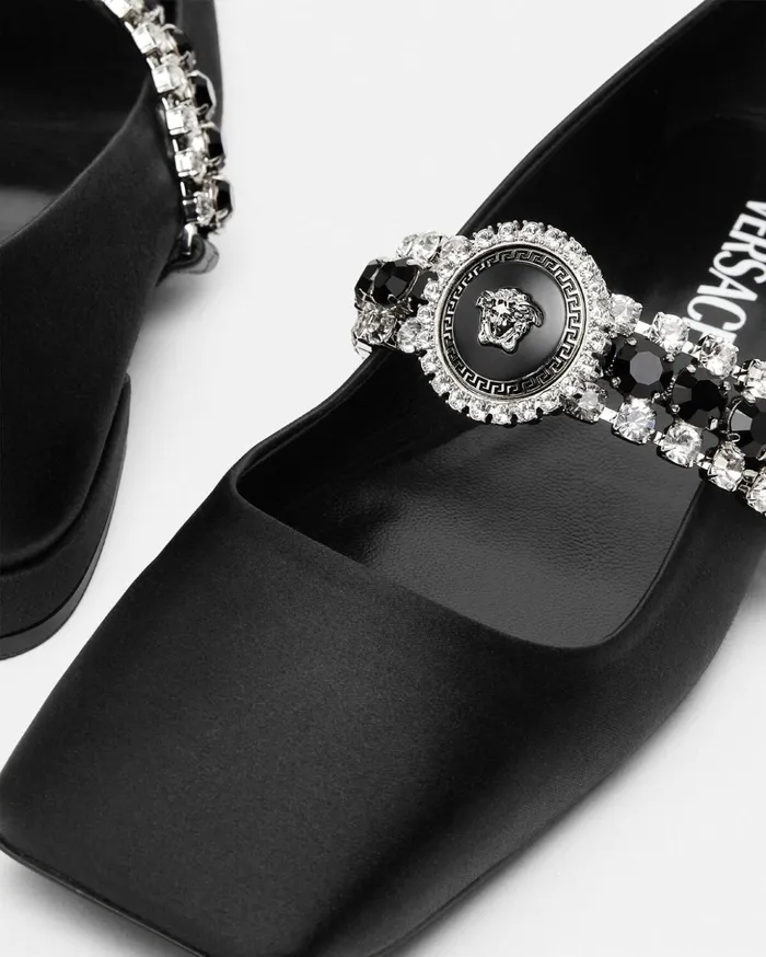 Versace Loafers and Flats Women Crystal Gianni Ribbon Ballerinas Blacksilver
