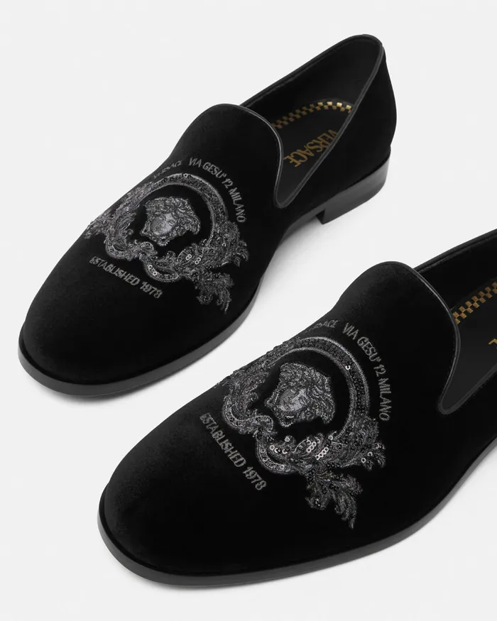 Versace Loafers and Slippers Men Medusa Milano Velvet Slippers Black
