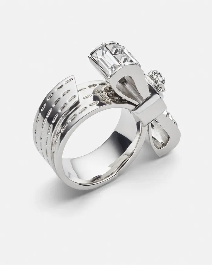 Versace Rings Women Crystal Gianni Ribbon Ring Silver