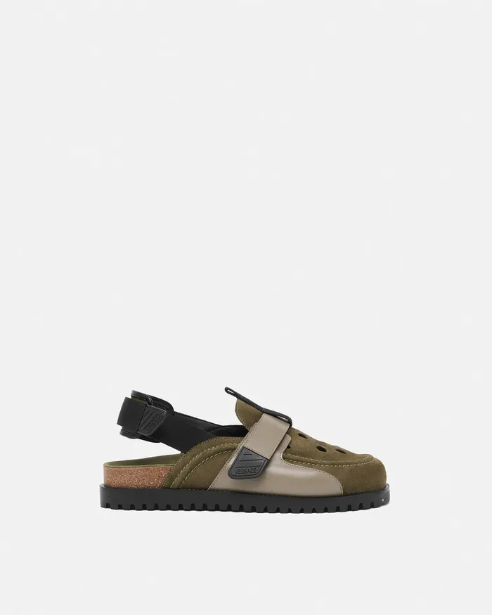 Versace Sandals and Slides Men Suede Mules Greenblack