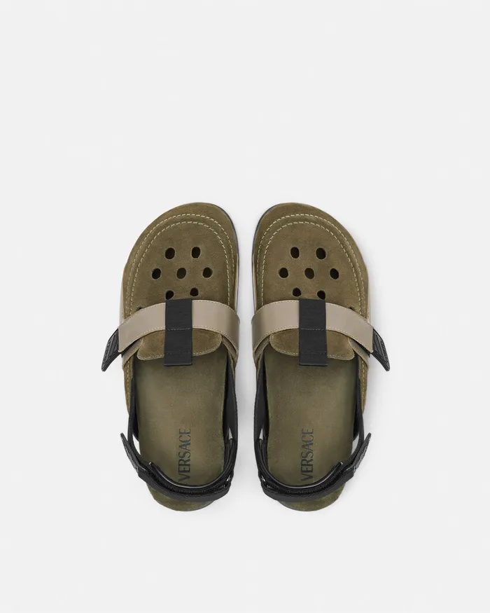 Versace Sandals and Slides Men Suede Mules Greenblack