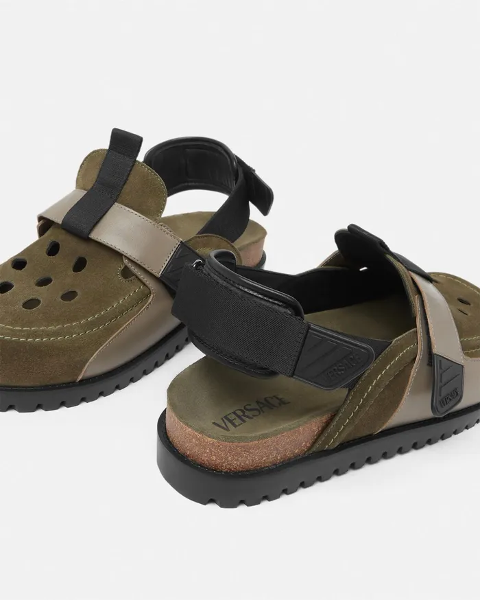 Versace Sandals and Slides Men Suede Mules Greenblack