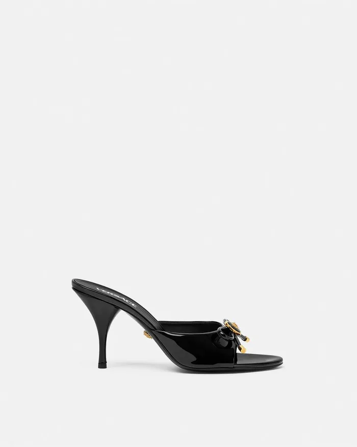 Versace Sandals Women Opera Bow Patent Mules 85 Mm Blackgold