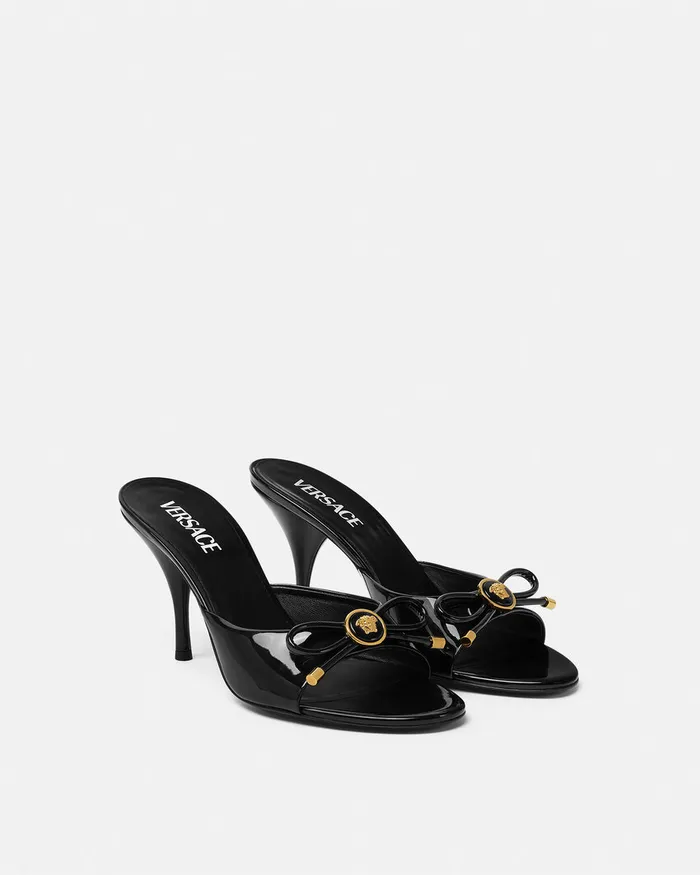 Versace Sandals Women Opera Bow Patent Mules 85 Mm Blackgold