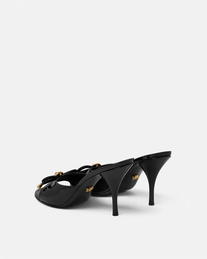 Versace Sandals Women Opera Bow Patent Mules 85 Mm Blackgold