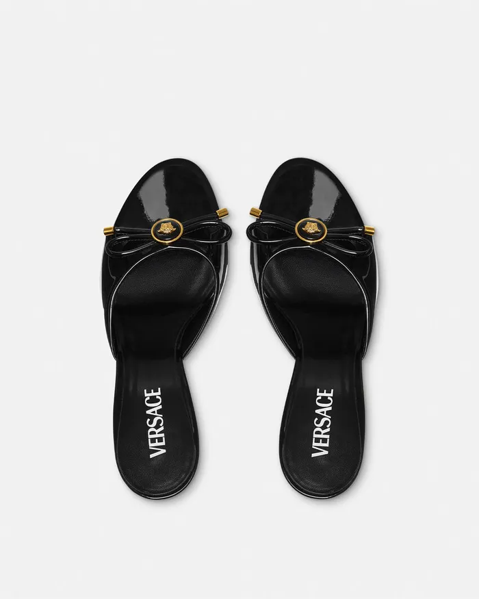 Versace Sandals Women Opera Bow Patent Mules 85 Mm Blackgold