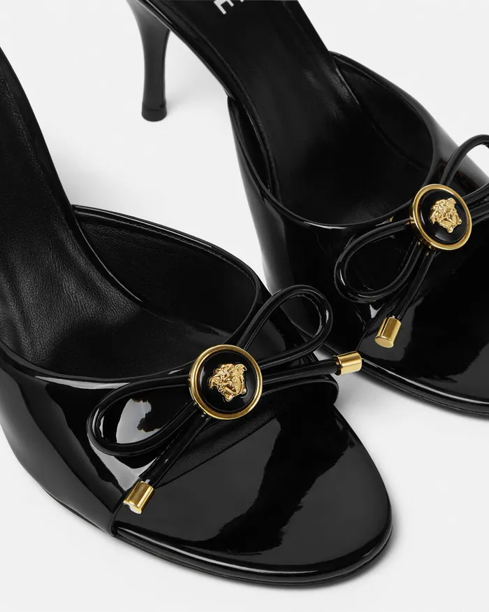 Versace Sandals Women Opera Bow Patent Mules 85 Mm Blackgold