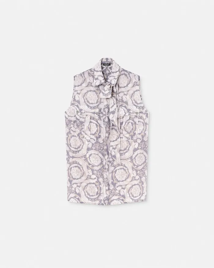 Versace Shirts and Tops Women Barocco Lavallire Silk Crpe Top Gray