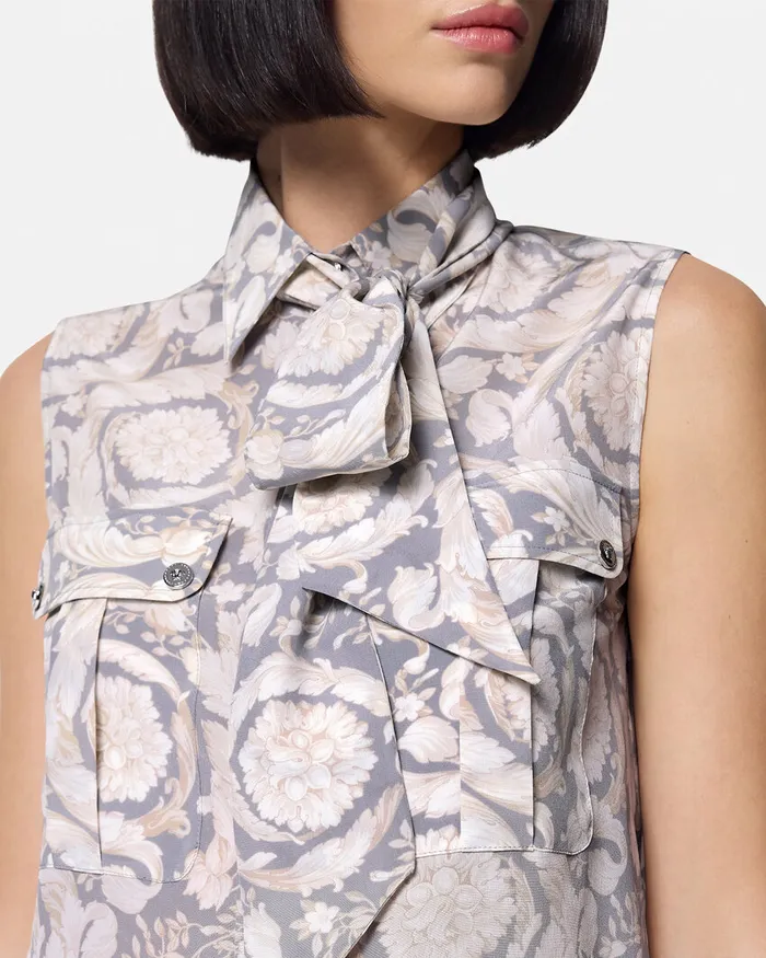 Versace Shirts and Tops Women Barocco Lavallire Silk Crpe Top Gray