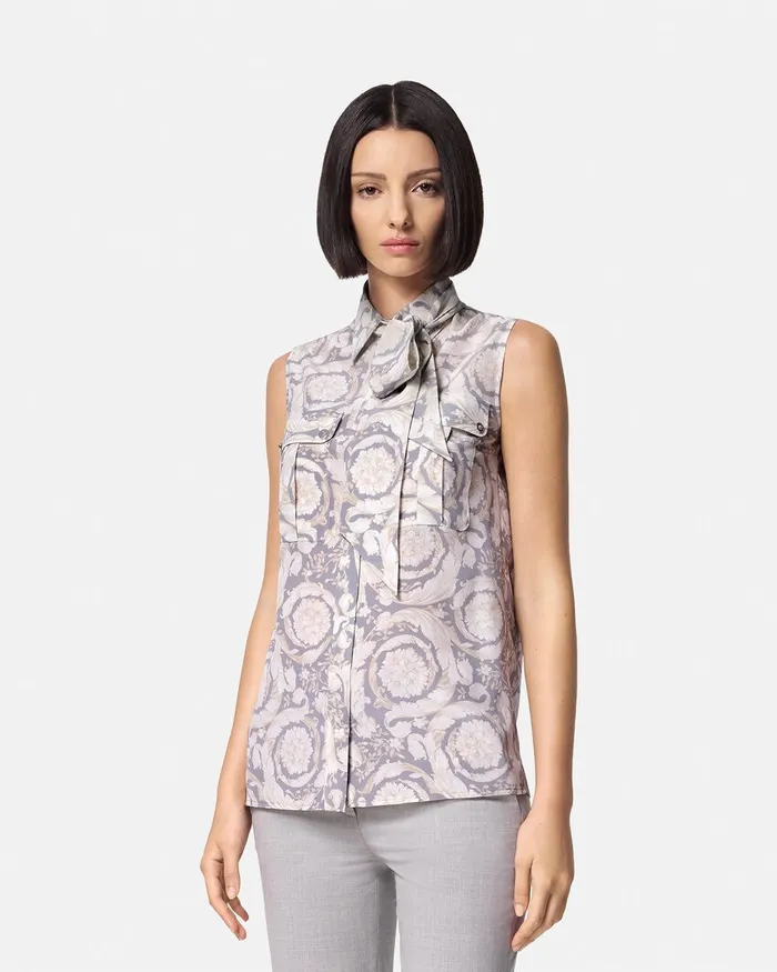 Versace Shirts and Tops Women Barocco Lavallire Silk Crpe Top Gray