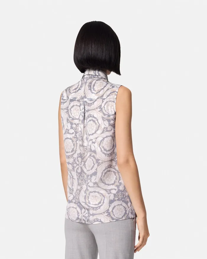 Versace Shirts and Tops Women Barocco Lavallire Silk Crpe Top Gray