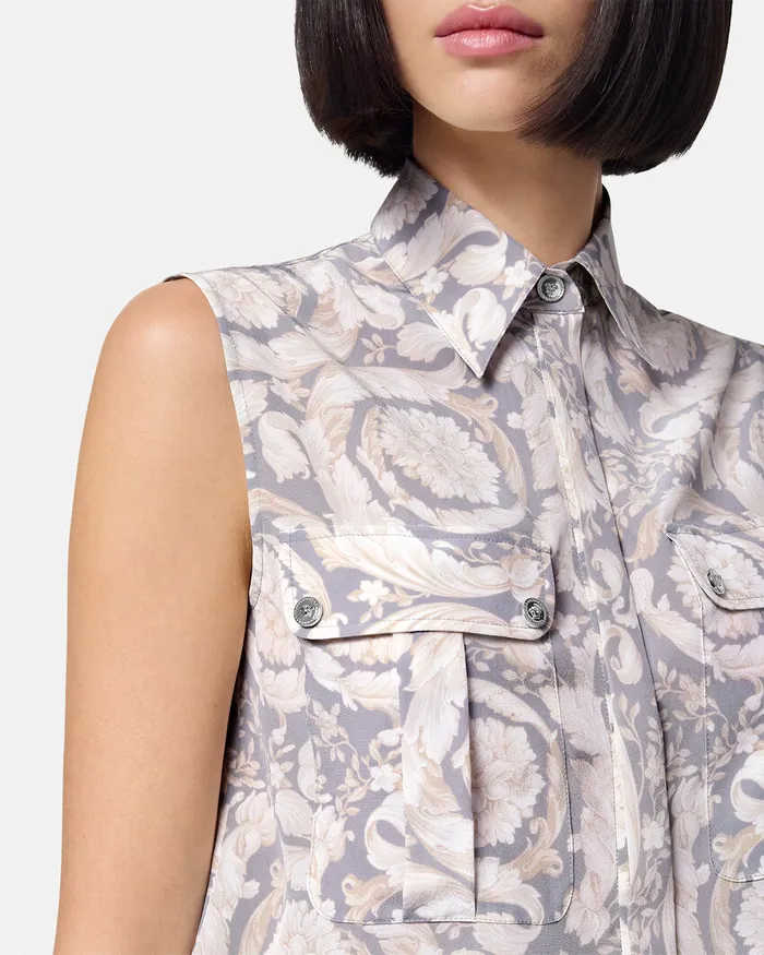 Versace Shirts and Tops Women Barocco Lavallire Silk Crpe Top Gray