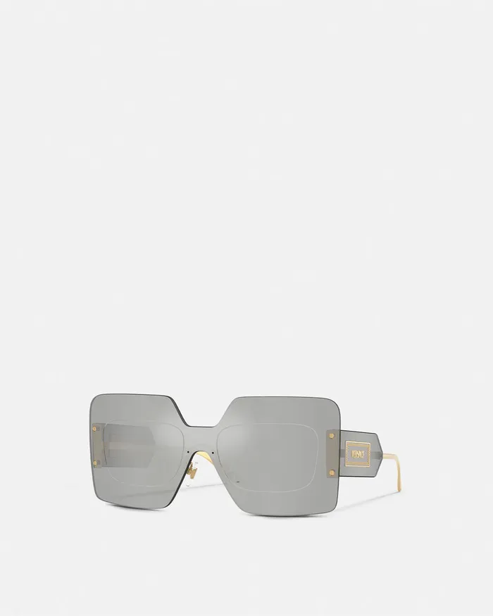 Versace Sunglasses Women Damier Plaque Squared Shield Sunglasses Silvergold