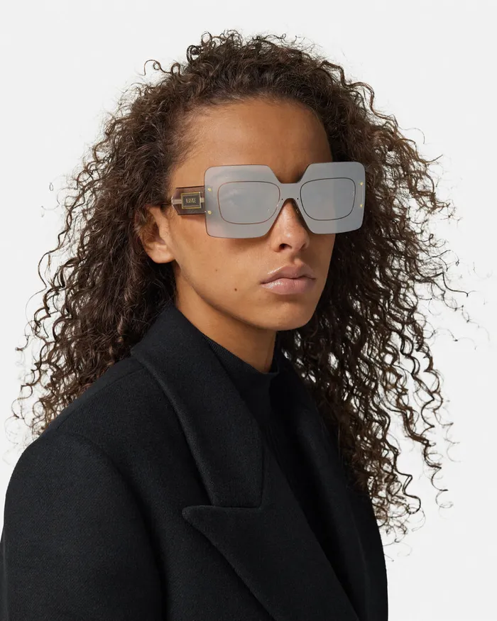 Versace Sunglasses Women Damier Plaque Squared Shield Sunglasses Silvergold