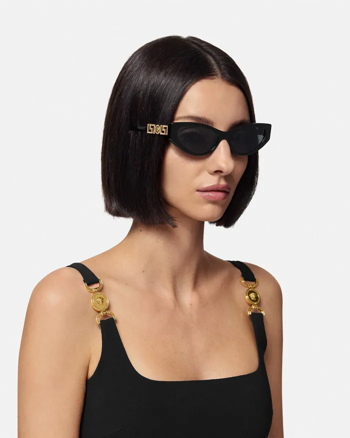 Versace Sunglasses Women Greca Strass CatEye Sunglasses Blackgold