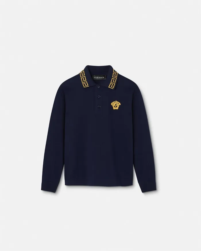 Versace Tshirts and Polos Kids Embroidered Greca Polo Shirt Bluegold